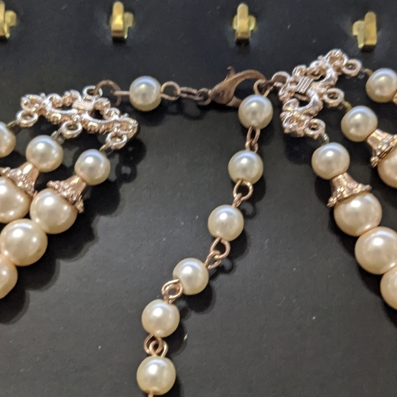 Rose Gold Tone Cream Faux Pearl Rhinestone Multi Strand Long Statement N… - Picture 3 of 4